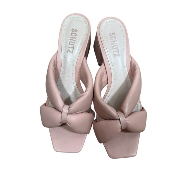 Schutz Fairy Puffy Mule High Heel Leather Sandal Size 6.5 B Pink Open Toe - Picture 1 of 8